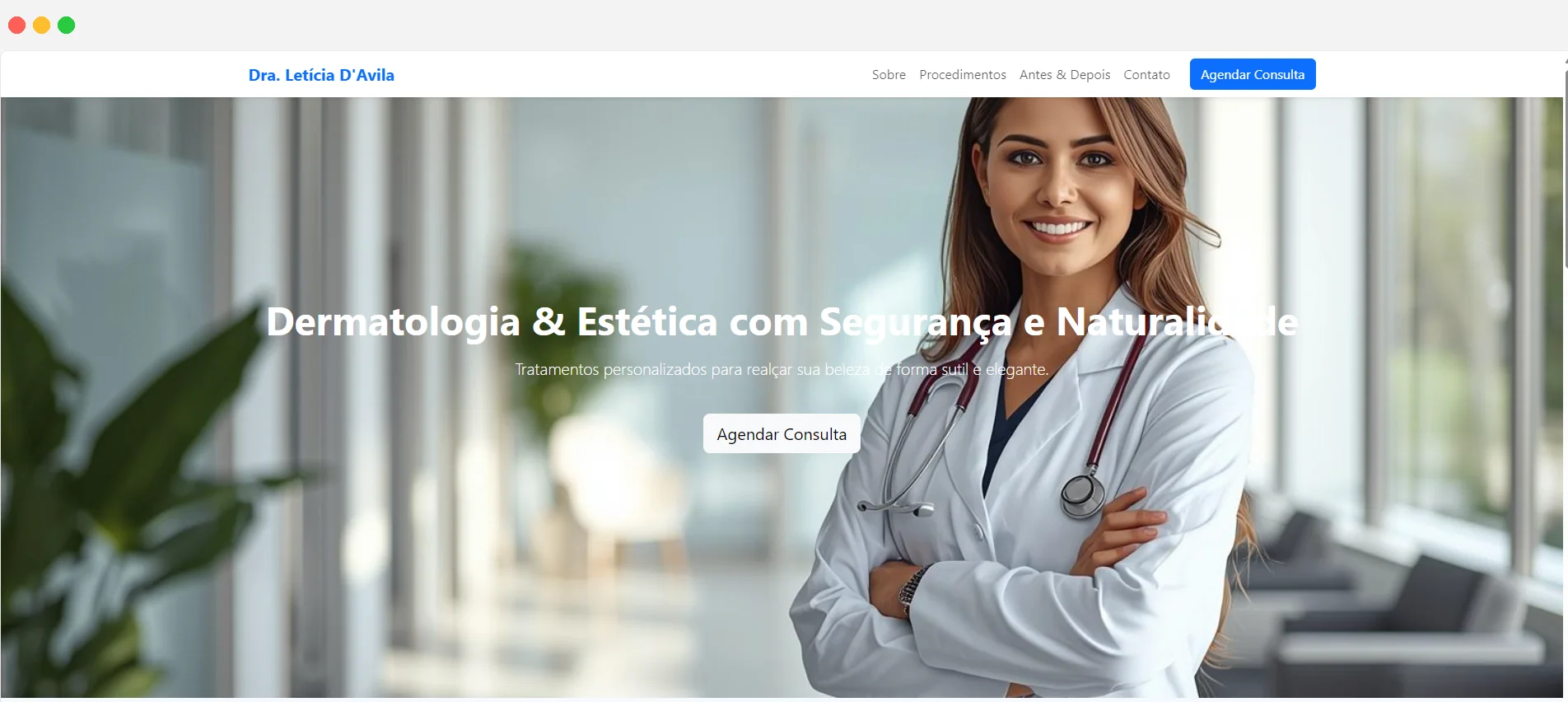 Demonstração de site para dermatologia e estética