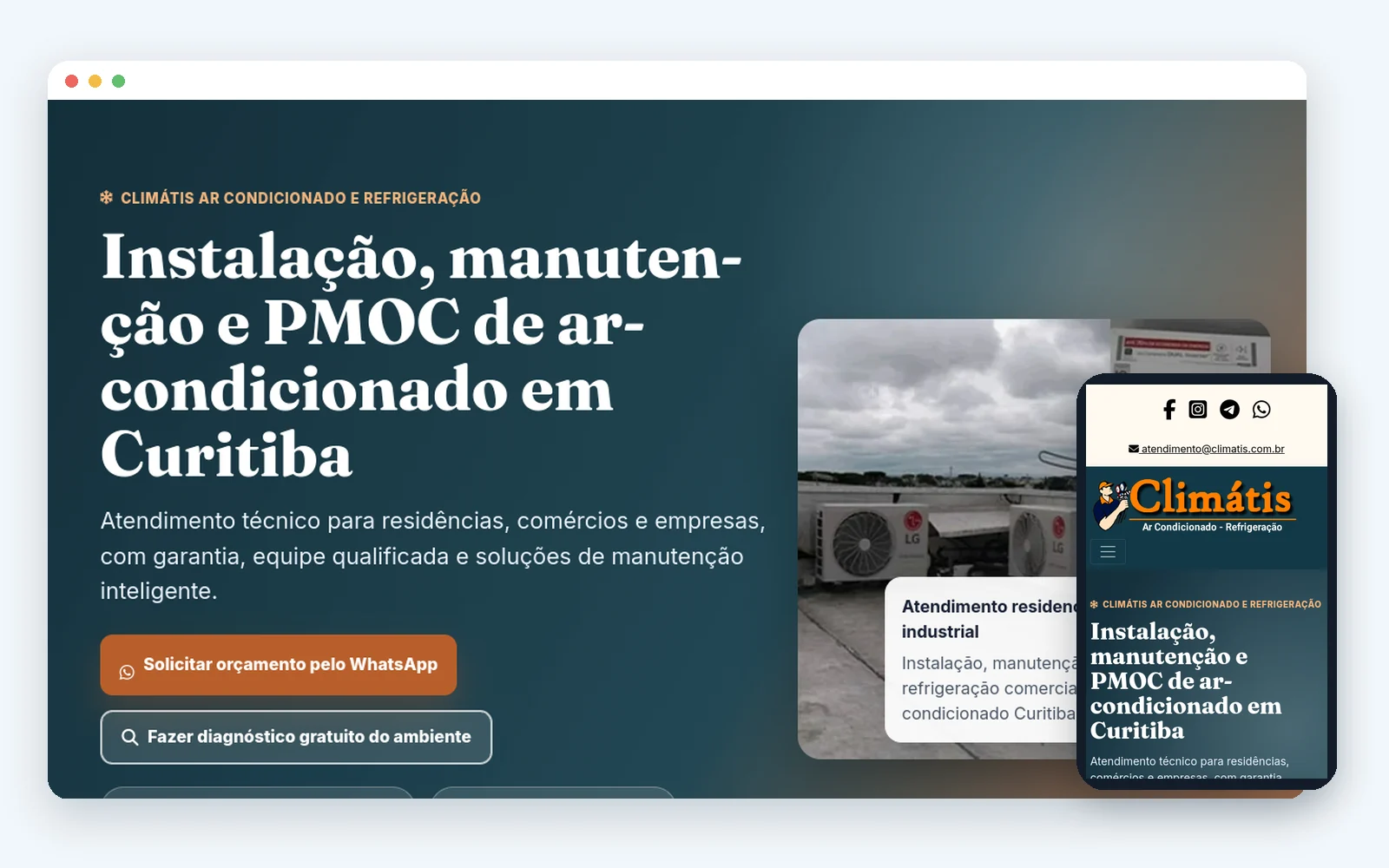 Mockup com capturas reais desktop e mobile do site da Climátis Ar Condicionado e Refrigeração