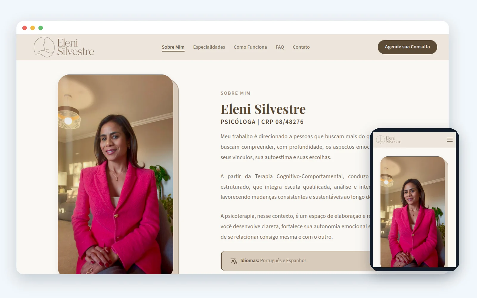 Mockup com capturas reais desktop e mobile do site da psicóloga Eleni Silvestre