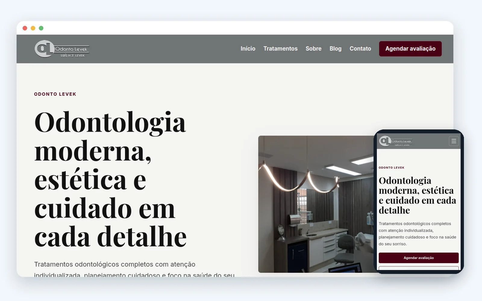 Mockup com capturas reais desktop e mobile do site da Odonto Levek